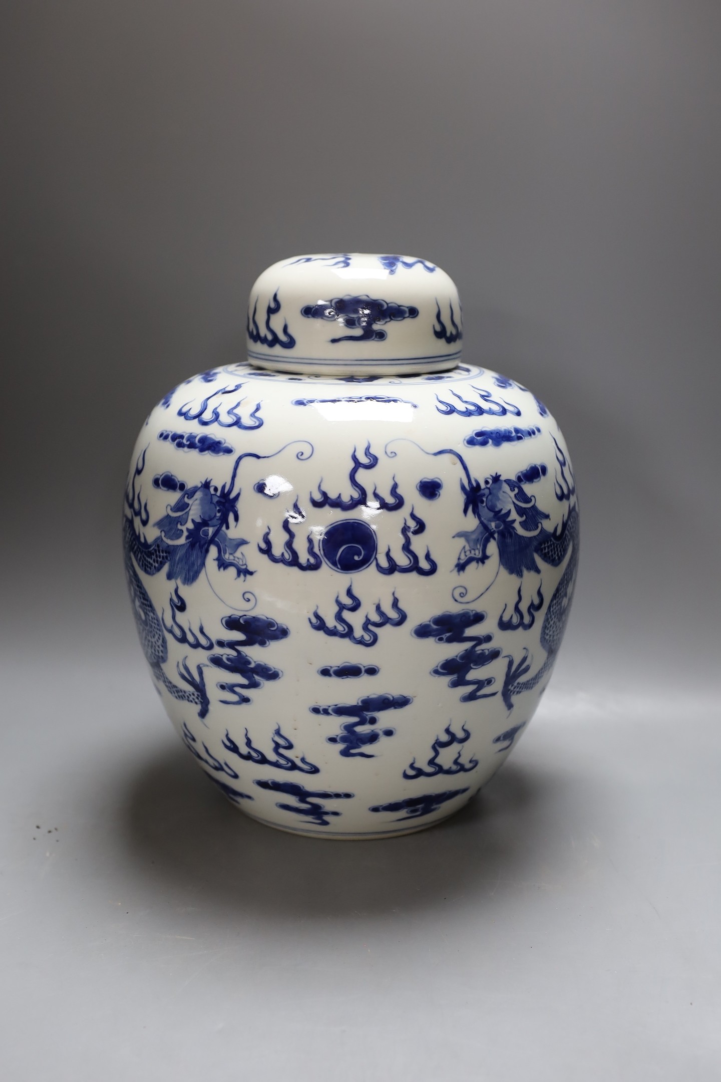 A large Chinese blue and white dragon pattern ginger jar - 34cm tall